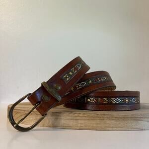 Brown Painted Tooled Southwestern Genuine Leather Brass Buckle Belt Size Large